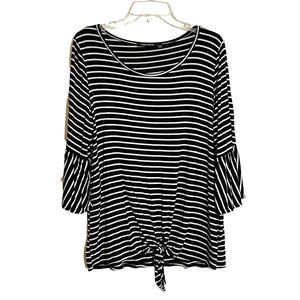 Hippie Chic Short Sleeve Tie Front Flutter Sleeve Black White Stripe Shirt Large